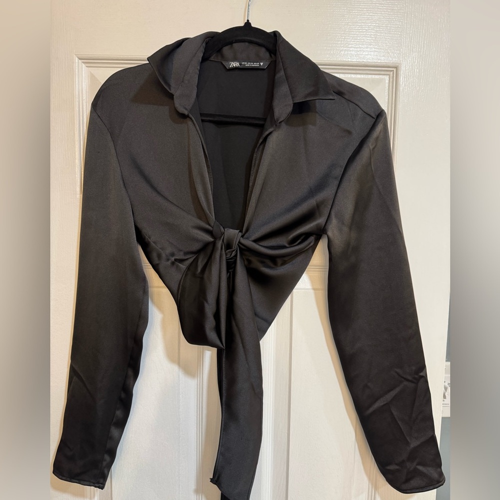 Zara Black Satin Tie-Front Blouse